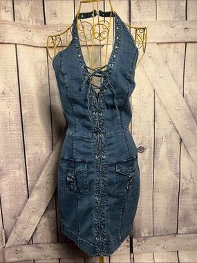 bebe Dark Blue Lace-Up Halter Denim Mini Dress
